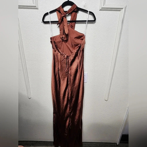 Lulu's Start of Forever Brown Satin Halter Mermaid Maxi Dress Wedding Party - Picture 11 of 12